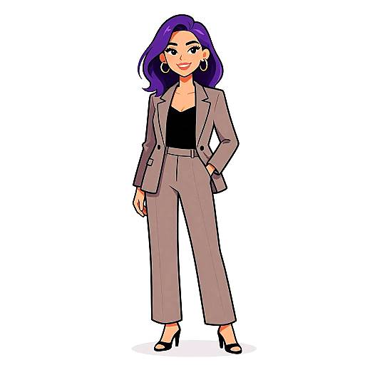 Digital illustration of a confident woman with purple hair, wearing a brown blazer, black top, high-waisted pants, and black heels. She