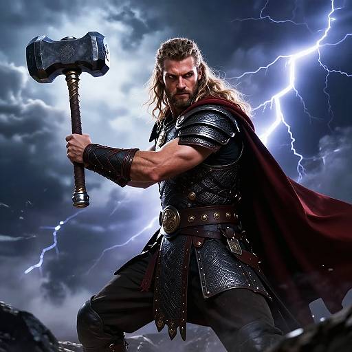 Photograph of a muscular, bearded man with long hair, wielding a large, black hammer in a stormy, lightning-filled sky, wearing dark