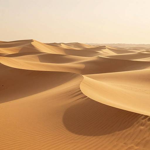 Photograph of golden sand dunes under bright sunlight, casting long shadows. Smooth, rippled textures of the desert landscape.