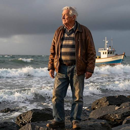Elderly Fisherman by Stormy Ocean