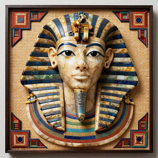 Photograph of an ancient Egyptian Ankh-headed statue with striped headdress, gold accents, and colorful necklace, framed with geometric patterns.