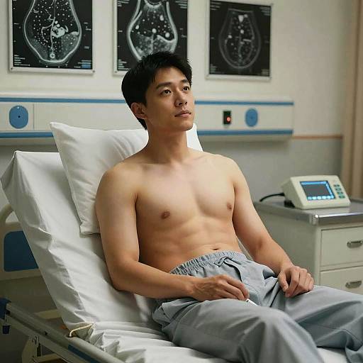 Photograph of a young, shirtless Asian man with short black hair, sitting on a hospital bed, wearing light gray pants, with medical monitors and