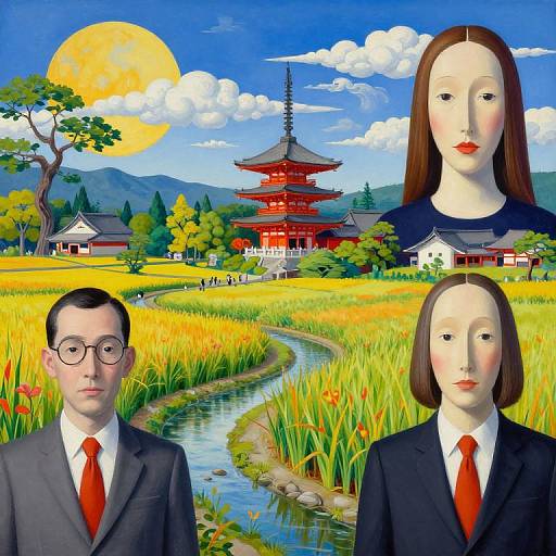 Digital art: Two faceless Asian individuals in suits with red ties, one with glasses, stand in a vibrant Japanese countryside with a traditional pagoda,
