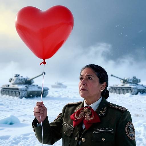 Photograph of a woman in a military uniform holding a red heart balloon, snowy battlefield background with tanks, serious expression.