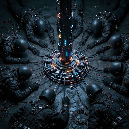 Aerial photograph of a futuristic, dark-lit laboratory with nine scientists in black, high-tech suits surrounding a glowing, cylindrical core connected by wires and