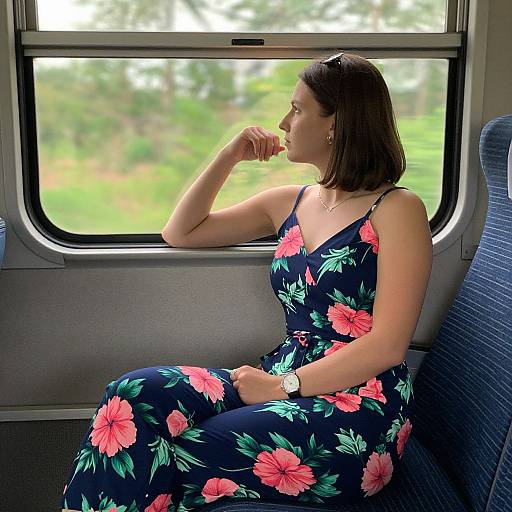 Photograph of a woman with shoulder-length brown hair, wearing a black floral dress, sitting in a train window seat, sipping from a cup,