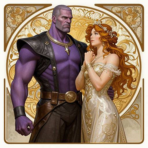 Digital art of a muscular, purple-skinned man in black leather, standing beside a red-haired woman in an ornate, off-shoulder gold