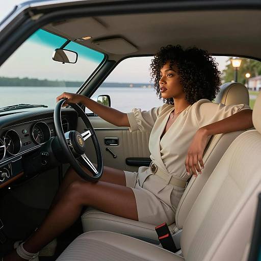Woman in Retro Car by Lakeside