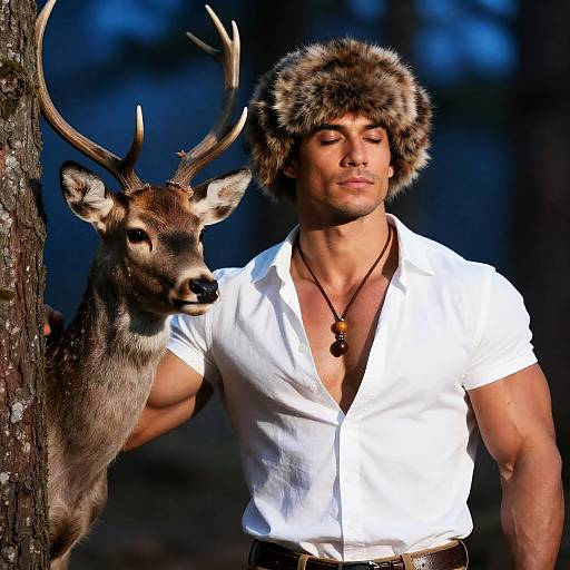 Muscular Man with Deer in Forest