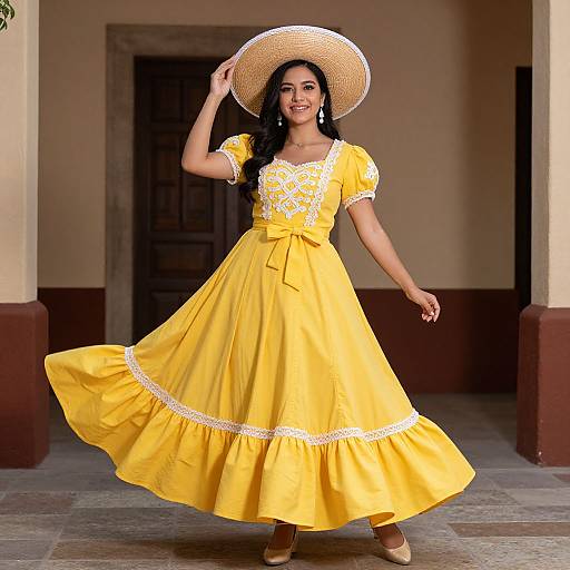 Photograph of a smiling Latina woman in a yellow lace-trimmed dress and wide-brimmed hat, standing in a doorway, twirling her