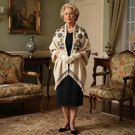 Photograph of an elderly woman with short gray hair, wearing a floral-patterned cream shawl, black dress, and gloves, standing in a vintage