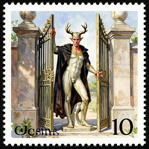 Postage stamp featuring a horned, white-scaled demon in a black cloak, standing between open ornate gates with a sunny sky background. 