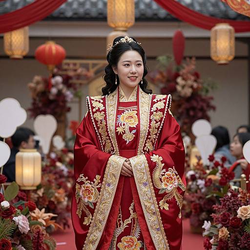 Photograph of an Asian woman in an ornate red and gold traditional wedding dress, standing in a festive, lantern-lit garden.