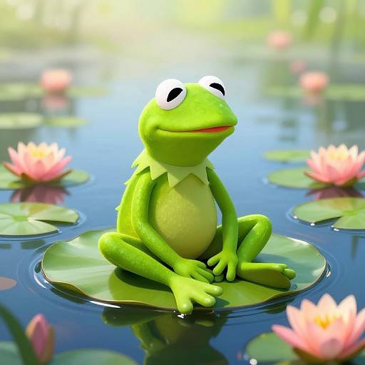 Digital illustration of a green frog puppet with white eyes, sitting on a lily pad in a serene pond with pink lotus flowers. Bright, sunny