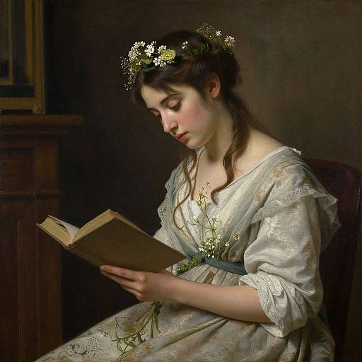 Photorealistic painting of a young woman with fair skin, brown hair, and white flowers in her hair, reading a book in a dimly lit