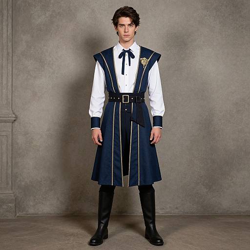 Photograph of a young man with short dark hair, wearing a white shirt, navy blue pleated kilt with gold trim, black tie, belt