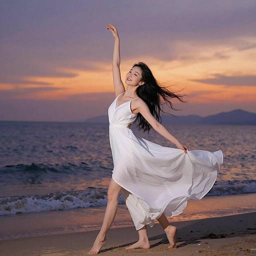 Photograph of a young Asian woman with long black hair, wearing a flowing white dress, dancing barefoot on a beach at sunset with a colorful sky