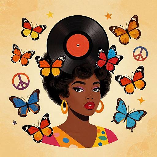 Digital illustration of a dark-skinned woman with an afro, yellow earrings, red lips, colorful dress, vinyl record on head, surrounded by orange