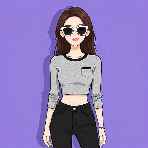 Digital anime-style drawing of a young woman with long brown hair, white sunglasses, grey crop top, black pants, against a purple background.