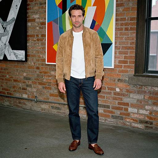 Photograph of a bearded man with dark hair, wearing a brown suede jacket, white shirt, dark jeans, and brown shoes, standing against a