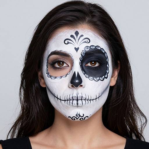 Photograph of a woman with dark brown hair, white face paint, black sugar skull design, and intricate eye details, against a plain white background.