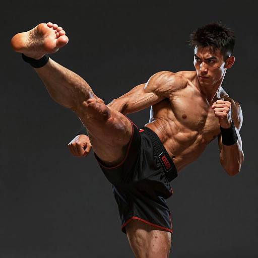 Photograph of a muscular, shirtless Asian man with short black hair, performing a high kick in black shorts against a dark background.