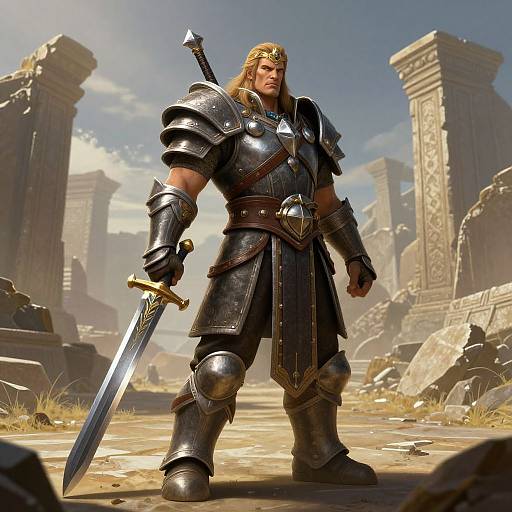 CGI image of a muscular, blond warrior in shining silver armor and helmet, holding a sword, standing in a sunlit, ancient ruin.
