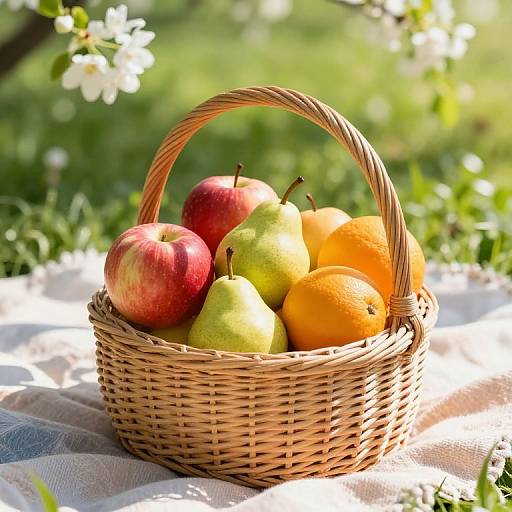 Photograph of a woven basket filled with red apples, green pears, and orange, set on a checkered cloth in a sunlit, green