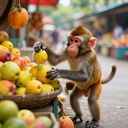 Photograph of a curious young monkey with reddish-pink face, gray and brown fur, picking a yellow apple from a colorful fruit basket at an