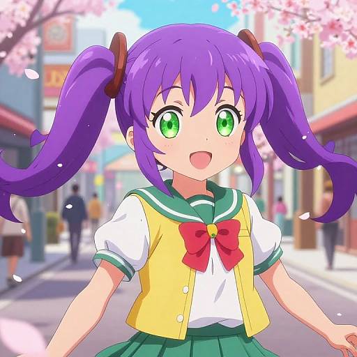 Anime-style digital drawing of a cute, green-eyed girl with purple twin-tails, wearing a yellow vest, red bow, and green sailor uniform,