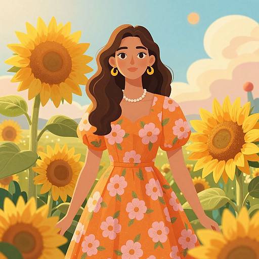 Digital illustration of a brown-haired woman in an orange floral dress, gold earrings, and pearl necklace, standing in a sunflower field under a bright blue