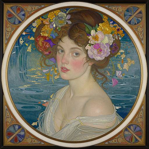 A detailed, circular, digital painting of a fair-skinned, red-haired woman with a floral headpiece, surrounded by water, wearing a white,