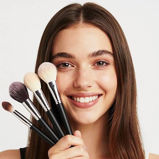Smiling young woman holding makeup brushes