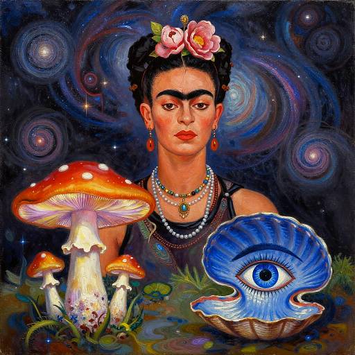 Vivid digital painting of Frida Kahlo with flowers in hair, surrounded by glowing mushrooms and a blue eye, against a swirling, starry night
