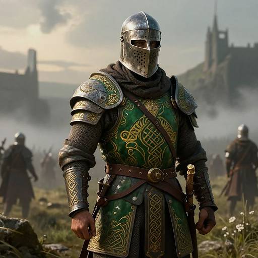 Celtic Warrior in Detailed Armor on Misty Battlefield