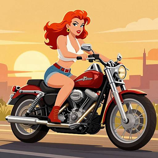 Fiery Redhead on Harley at Sunset