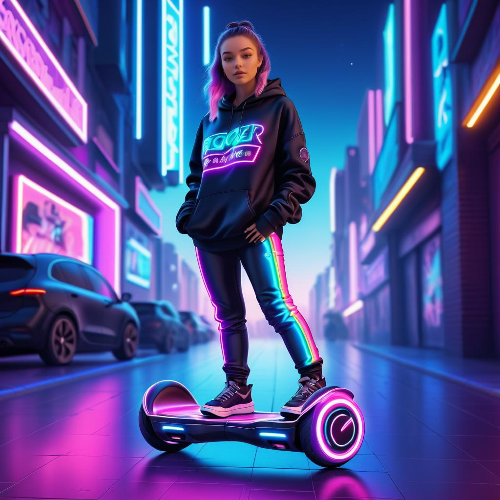 Urban Hoverboard Girl in Neon Lights