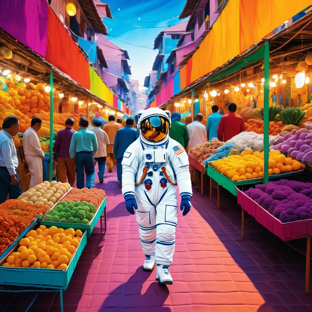 Vibrant Astronaut in a Lively Market