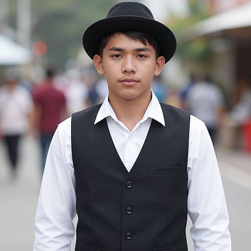 Photograph of an Asian teenage boy with medium skin tone, wearing a black vest, white shirt, and black hat, standing on a bustling street with