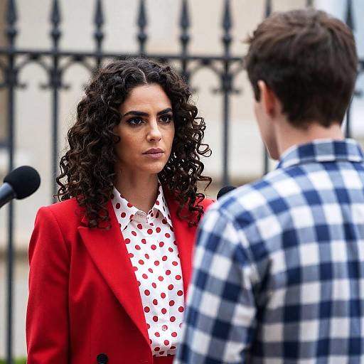 Woman in Red Blazer Facing Man Outdoors