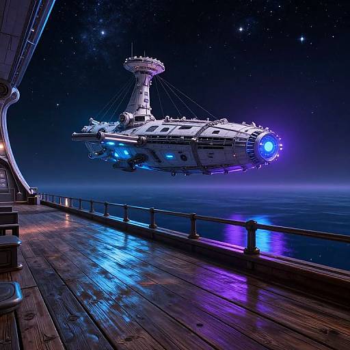 Glowing futuristic spaceship hovers above a neon-lit wooden deck at night, with a starry sky and ocean backdrop. Digital art.