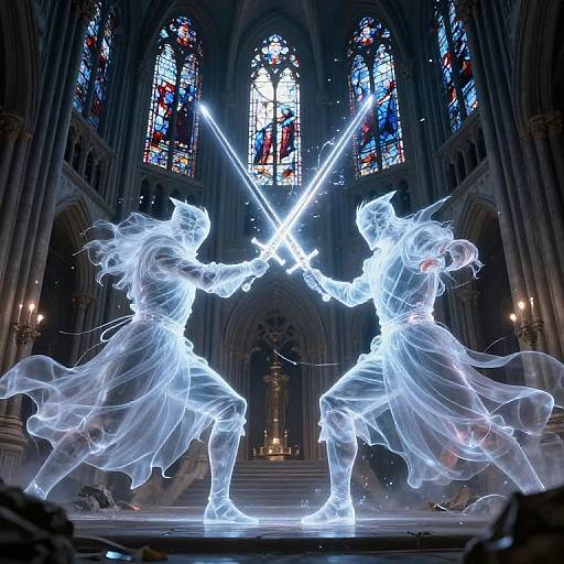 Photograph of a glowing, ethereal light sculpture depicting two ghostly warriors clashing swords in a dark, gothic cathedral with colorful stained glass windows