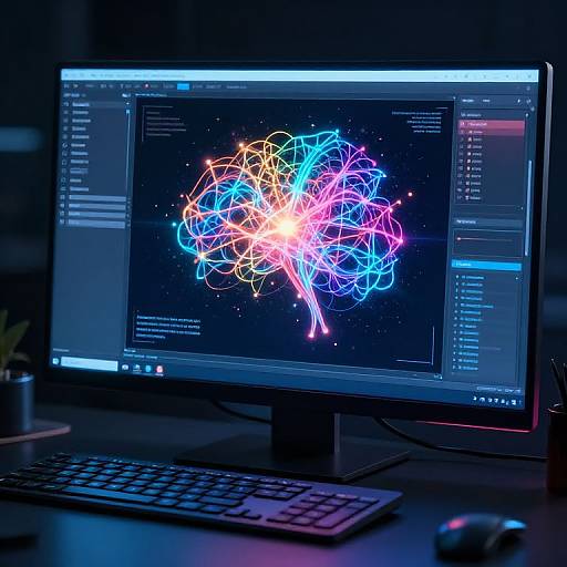 Photograph of a computer screen displaying a vibrant, neon-colored abstract light pattern on a dark background, with a keyboard in the foreground.