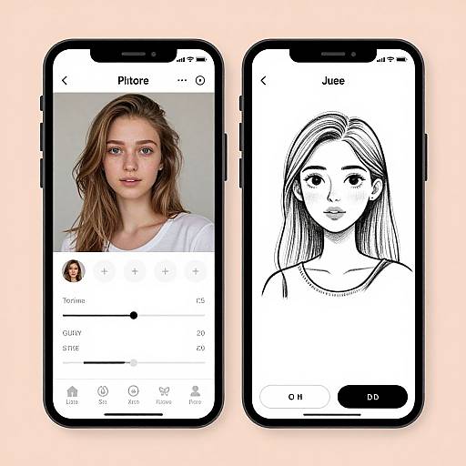 Photograph of two smartphones side by side. Left shows a realistic photo of a young woman with long brown hair. Right displays a black-and-white digital