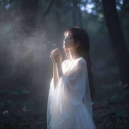 Photograph of a long-haired woman in a sheer white dress, standing in a dark forest, illuminated by ethereal light, gently blowing on her hands