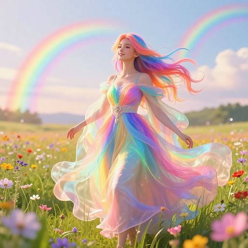 Photograph of a fair-skinned woman with long, vibrant pink and blue hair, wearing a flowing, rainbow-colored dress, dancing in a sunlit