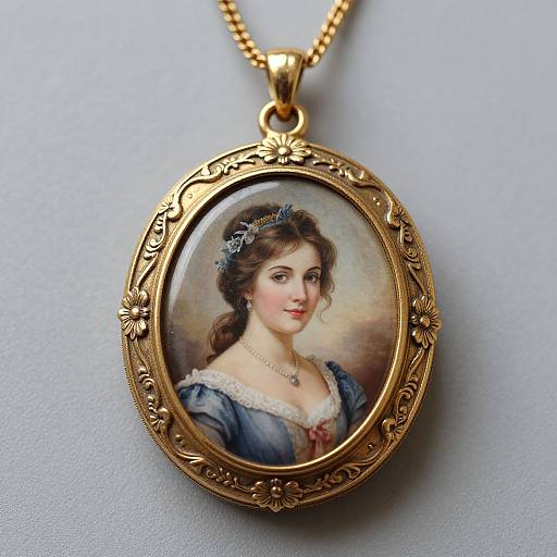 Detailed miniature portrait pendant of a young woman with brown hair, blue dress, and flower hairpiece, encased in an ornate gold oval frame.