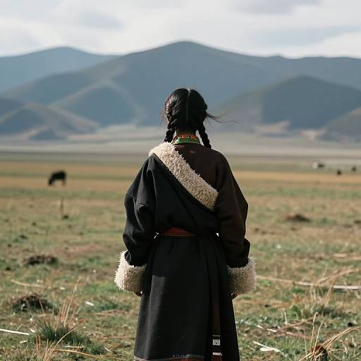 Photograph of a woman with black hair in braids, wearing a black robe with white fur trim, standing in a grassy field with mountains and