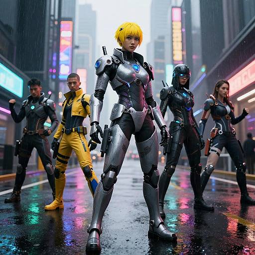 CGI image of a rain-soaked futuristic city street with a yellow-haired, armored woman in the center, flanked by four similarly armored teammates,
