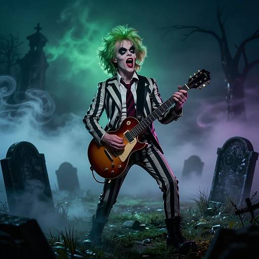 Photograph-like digital artwork of a green-haired, white-faced, striped suit-wearing musician with an electric guitar, screaming in a spooky graveyard with glowing